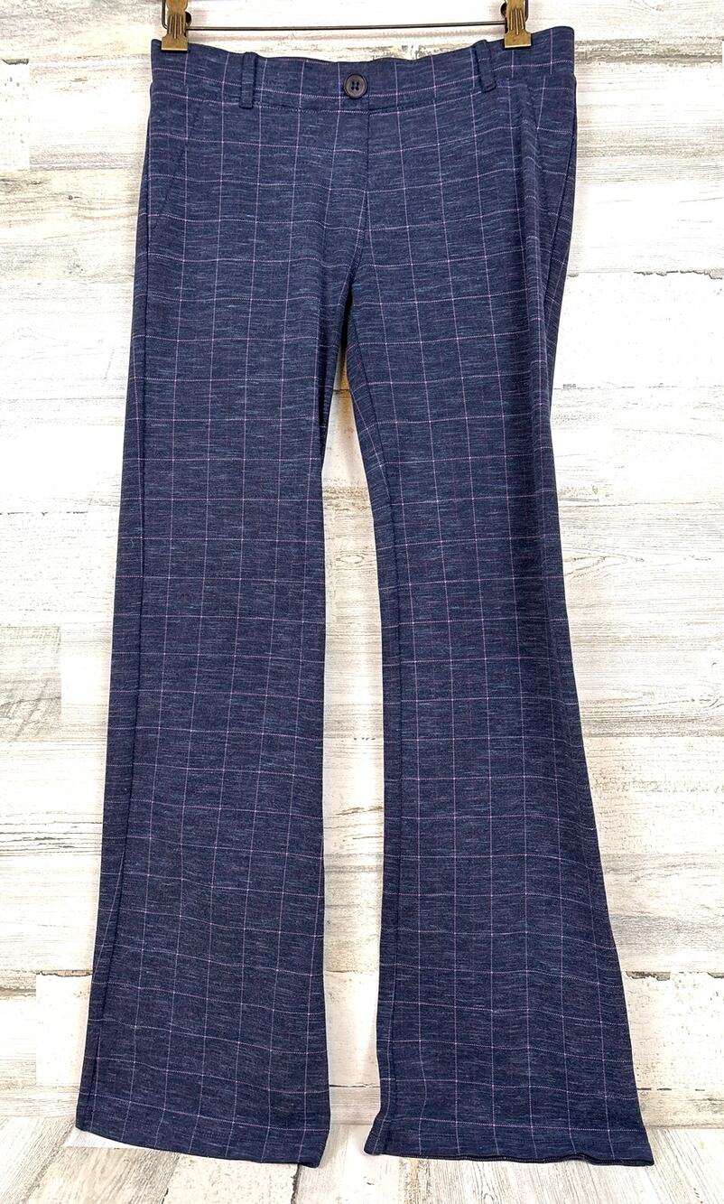 Betabrand Womens S Navy Blue Pink Plaid Bootcut Dress Travel Pull On Casual Pant
